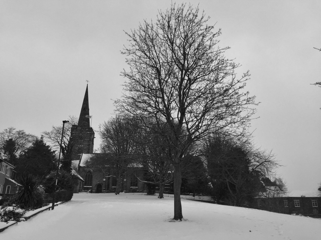 Photograph of St Werburgh's in the snow, 2018