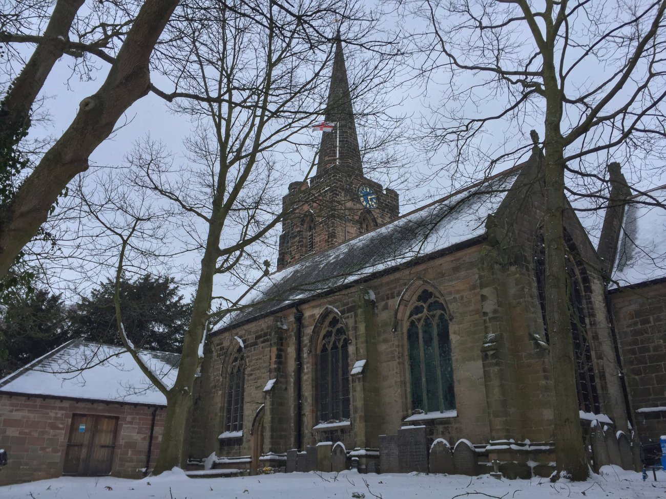 Photograph of St Werburgh's in the snow, 2018